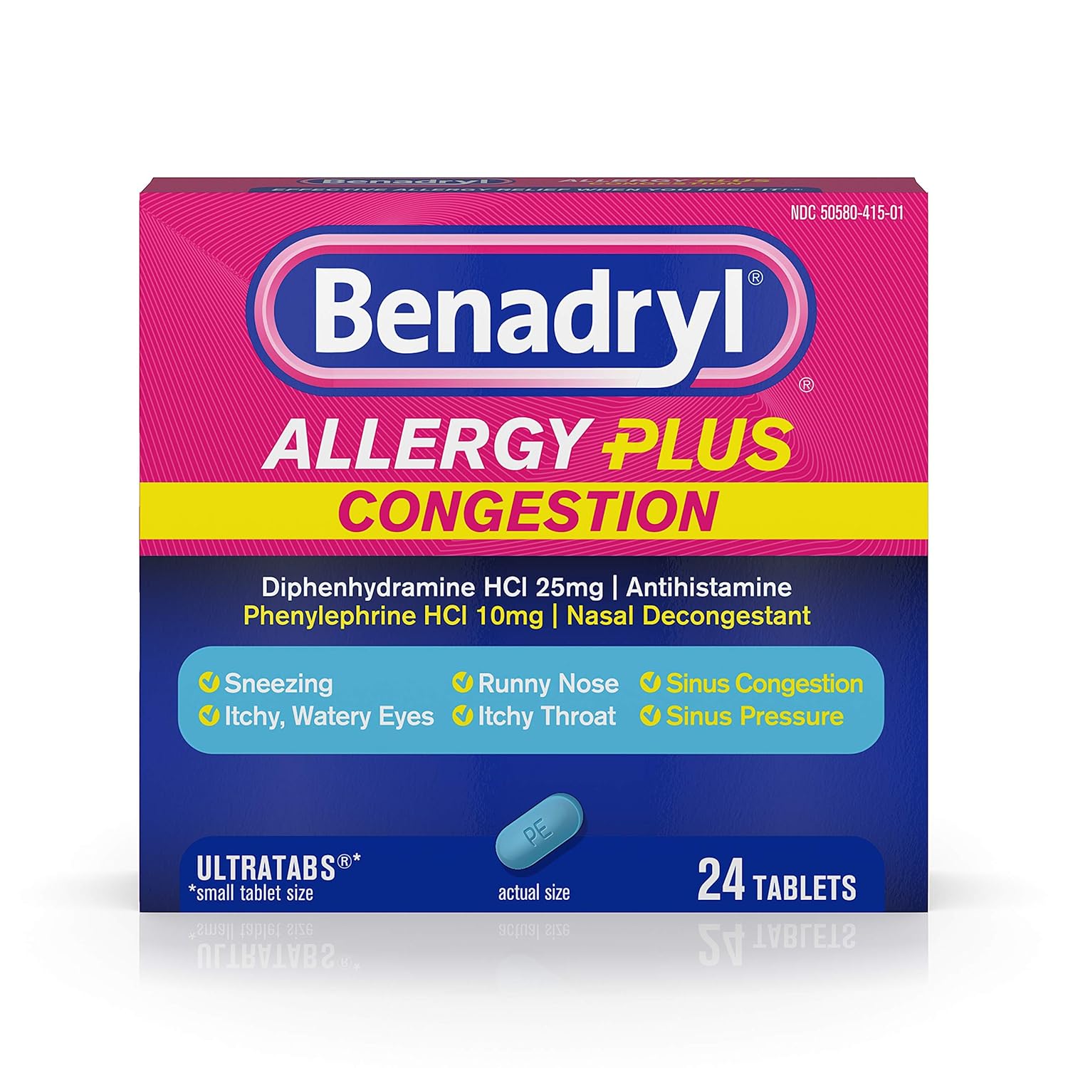 Benadryl Allergy Plus Congestion Ultratabs, 25mg Diphenhydramine/10mg Phenulephrine HCl - 24ct