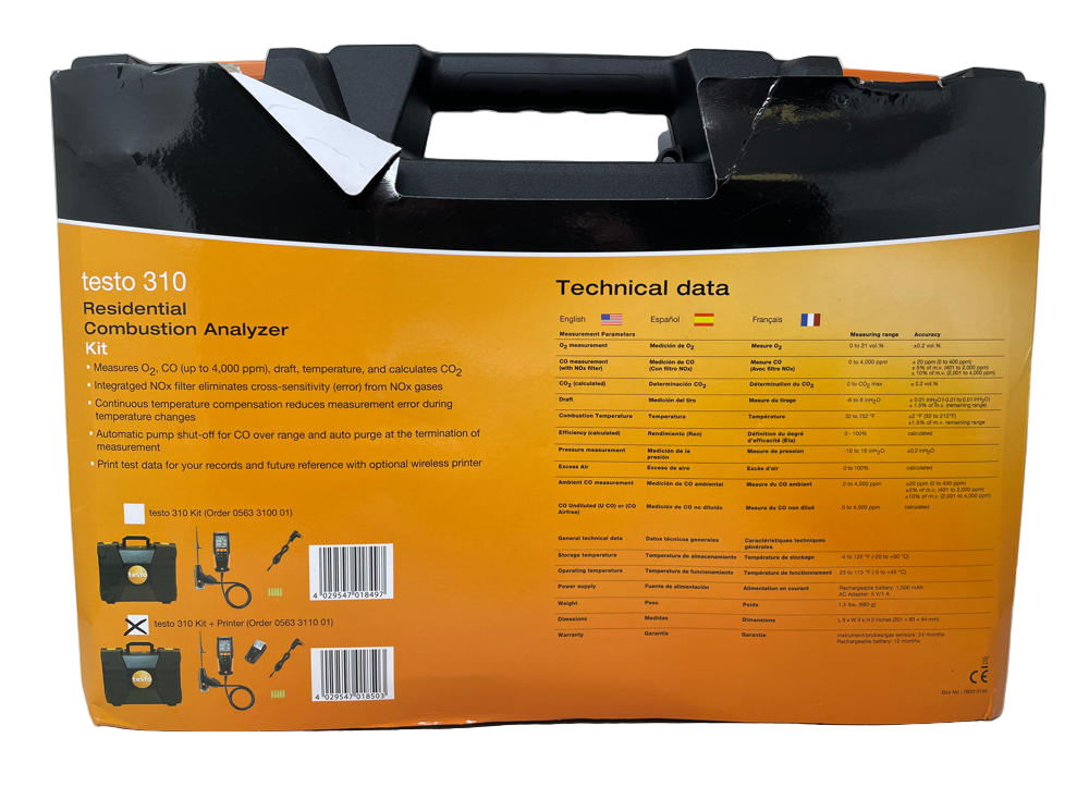Testo 310 Residential Combustion Analyzer Kit with Wireless Printer (0563 3110 01)