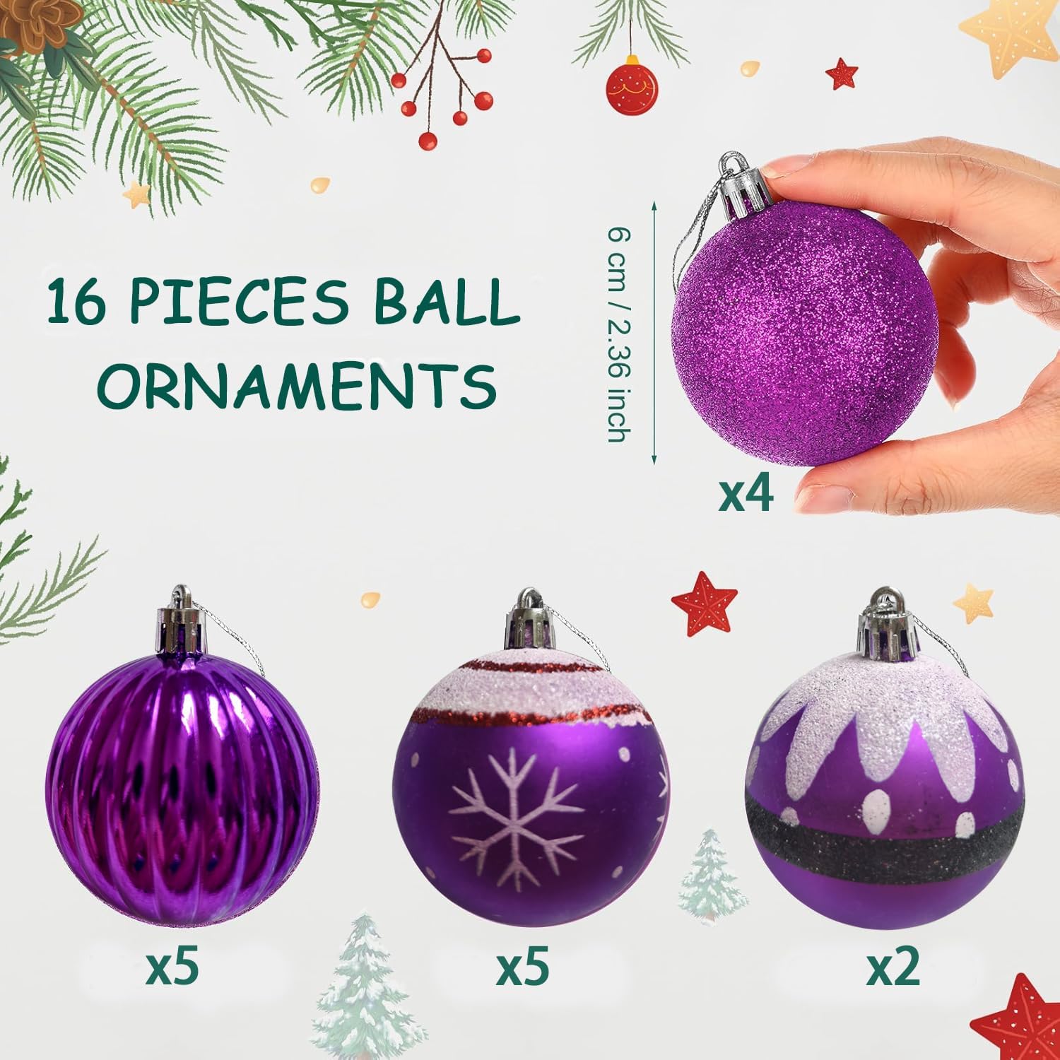 Hanging Christmas Ball Ornaments- Purple, 2.4" (16ct)