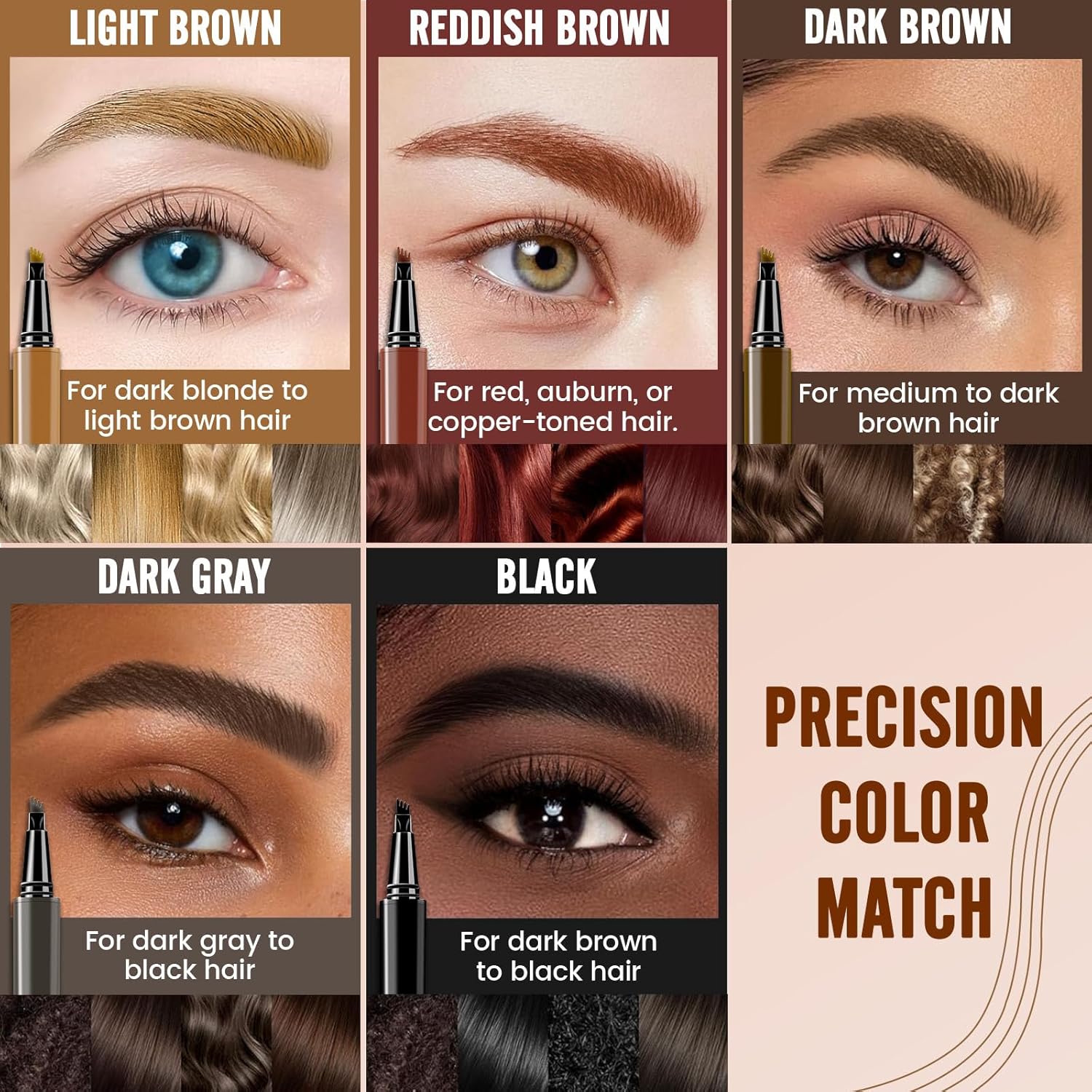 awrose 3D Microblading 4-Tip Eyebrow Pen - Dark Brown/Light Brown/Dark Gray, 3 Pack