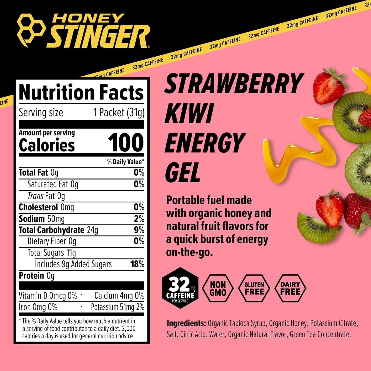 Honey Stinger Organic Energy Gel - Strawberry Kiwi, 24 Count
