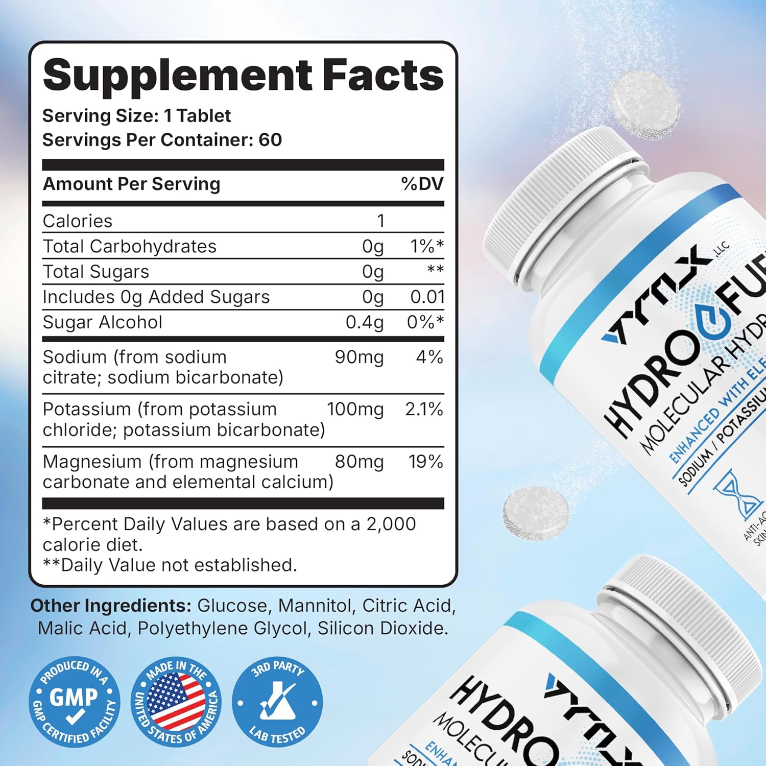 Vytlx Hydrogen Water Tablets with Electrolytes, 12 PPM with Magnesium, Sodium, & Potassium - 60 Tabs