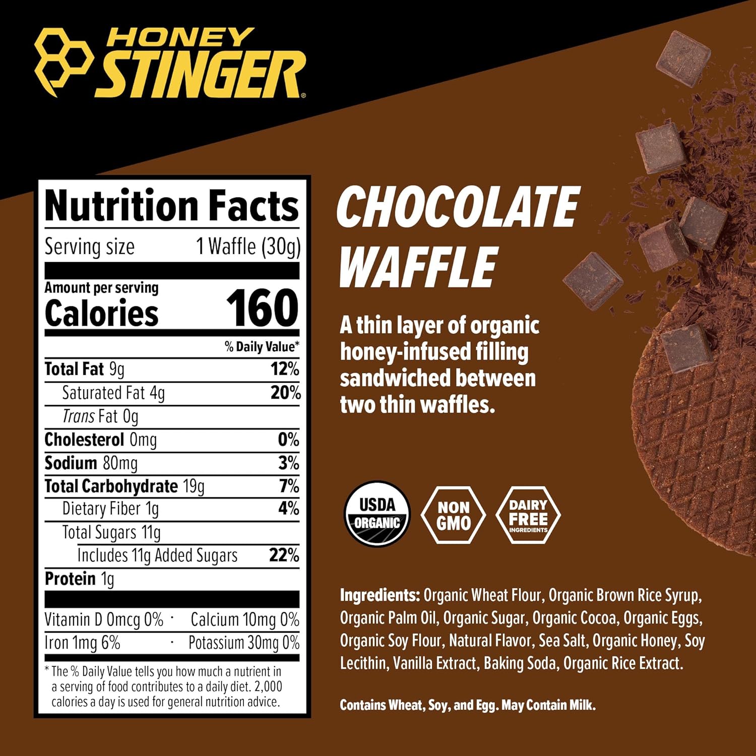 Honey Stinger Organic Energy Waffles, Chocolate, 1.06oz - 16ct