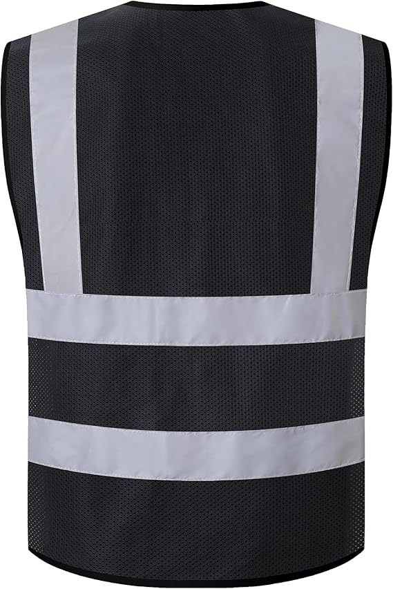 Worcbgio Reflective Safety Vest with Pockets - High Visibility Sliver Strip, Black - Size X-Large