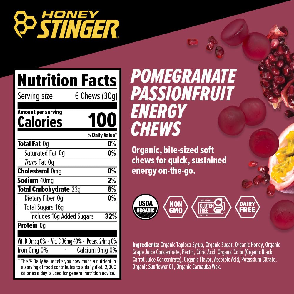 Honey Stinger Organic Energy Chews - Pomegranate Passionfruit, 12 Pack