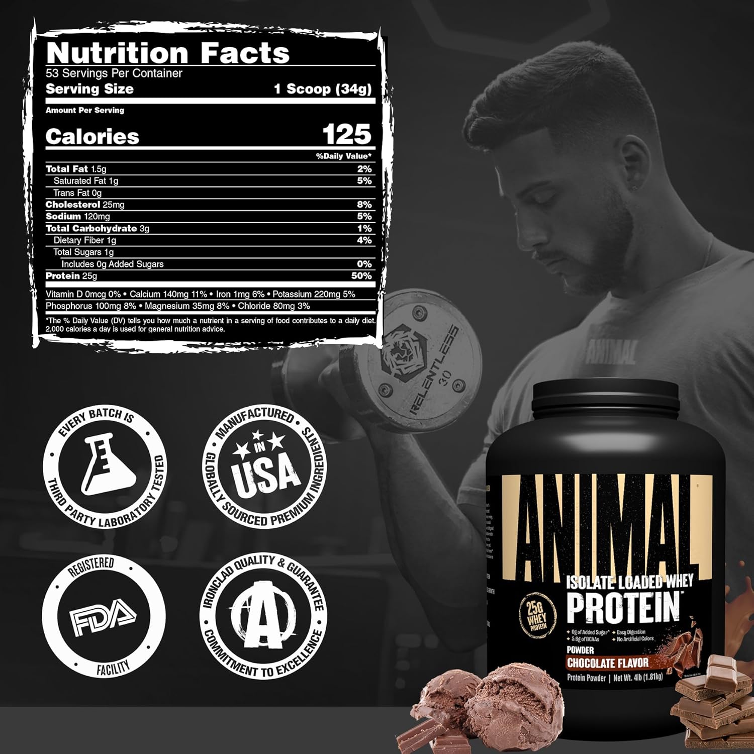 Animal Isolate Loaded Whey Protein Powder - Chocolate, 4lb (53 Servings)