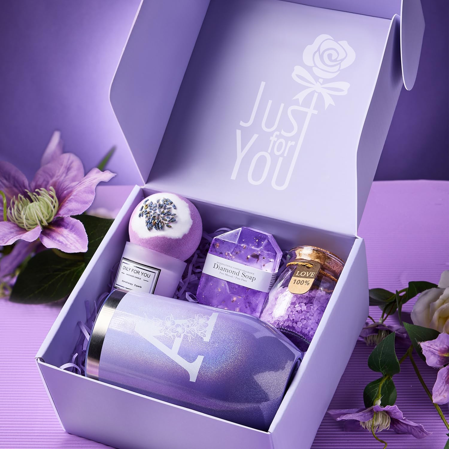 Gifts for Her: Spa and Pamper Giftset with Bath Bomb, Candle, Soap, Letter "A" Monogrammed Tumbler - Lavender Scent