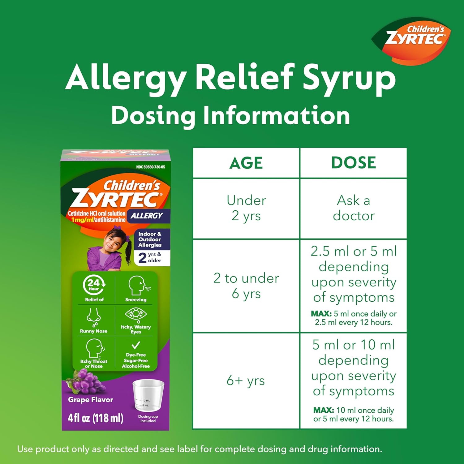 Children's Zyrtec 24 Hour Allergy Relief Syrup (Cetirizine HCl) - Grape, 8 fl. oz.