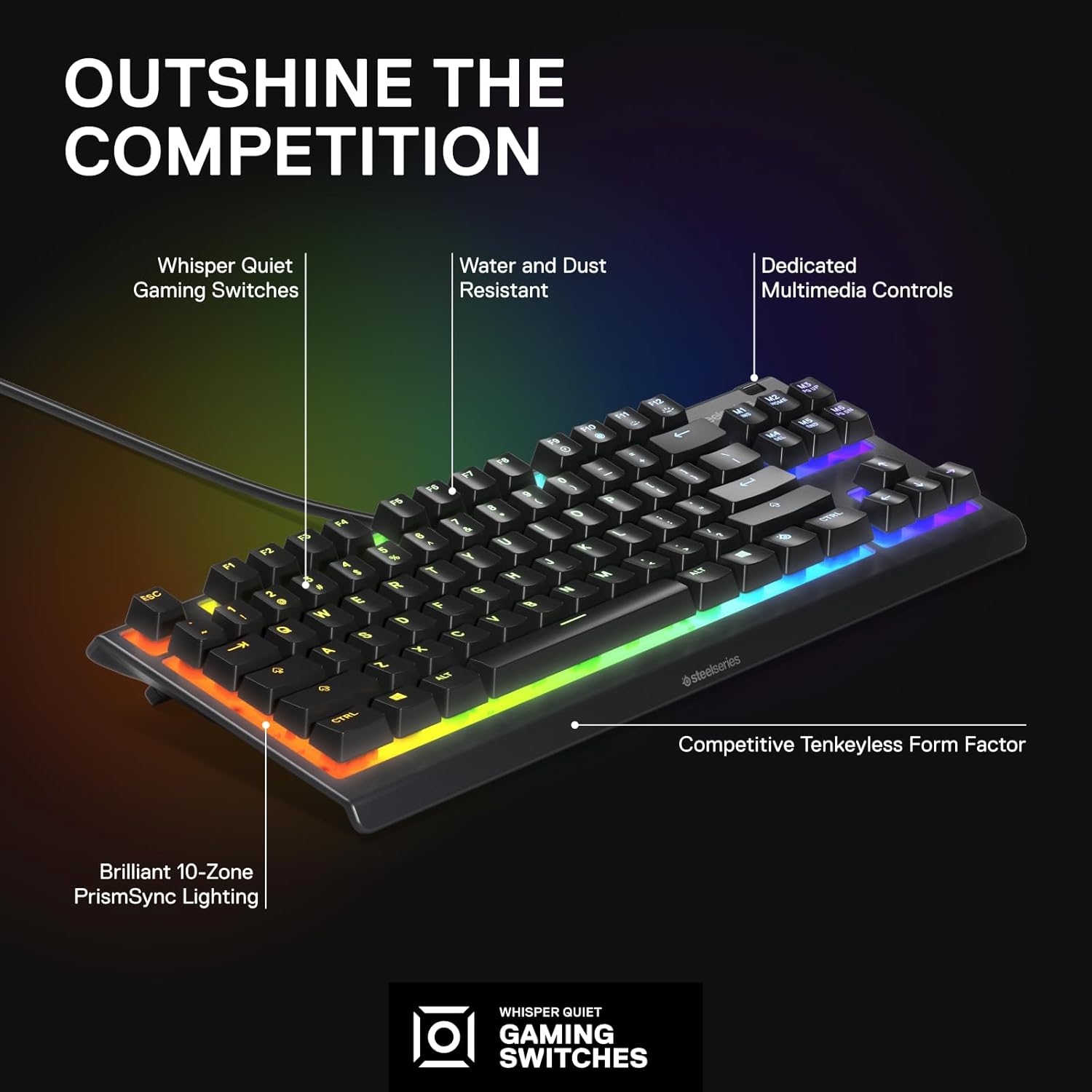 SteelSeries Apex 3 TKL RGB Gaming Keyboard, Tenkeyless Compact Form Factor, 8-Zone RGB Illumination, Black