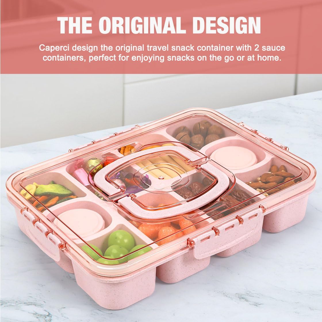 Caperci Snackle Box Large 10-Compartment Divided Serving Tray with Lid and Handle - Pink