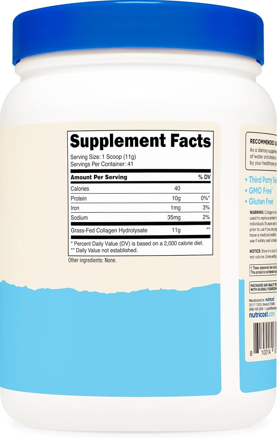 Nutricost Bovine Grass-Fed Collagen Hydrolysate Powder - Unflavored, 1 lb.