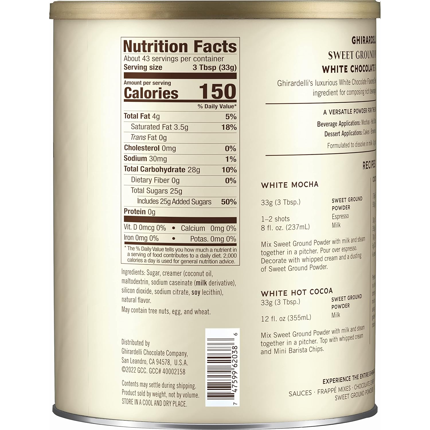 Ghirardelli Sweet Ground Powder White Chocolate, 50 oz