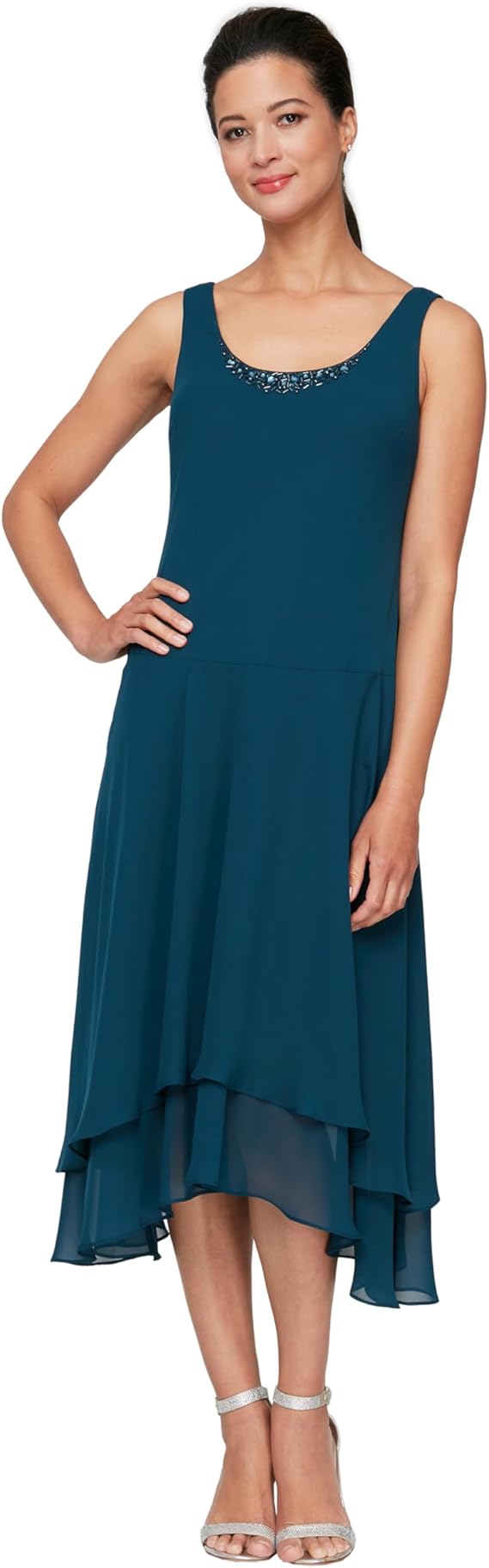 S.L. Fashions Women's Mother of The Bride Dress with Embellished Neckline & Shoulder - Teal, Size 12P