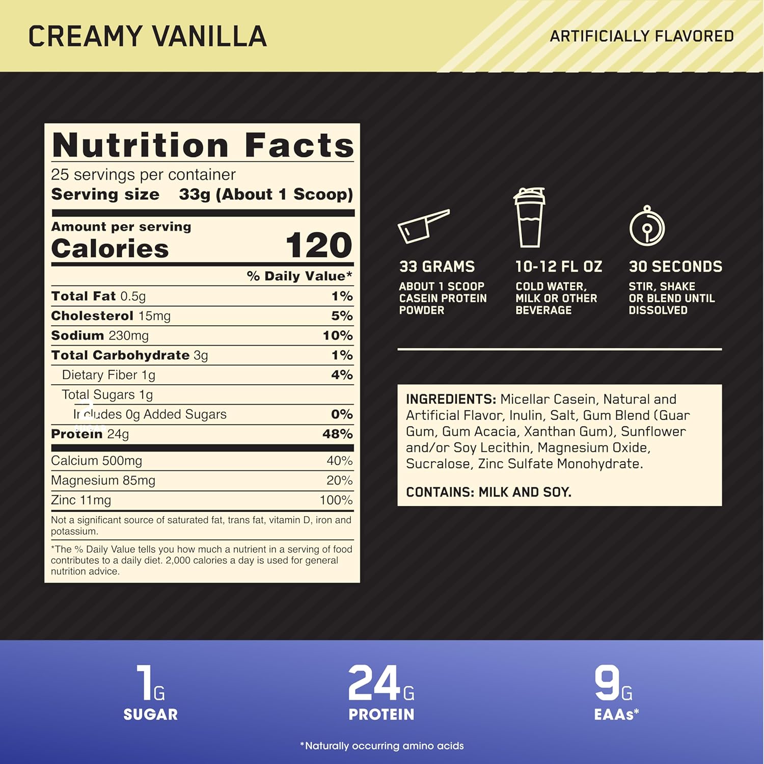 Optimum Nutrition Gold Standard 100% Casein Protein Powder - Creamy Vanilla,  1.81 lb.