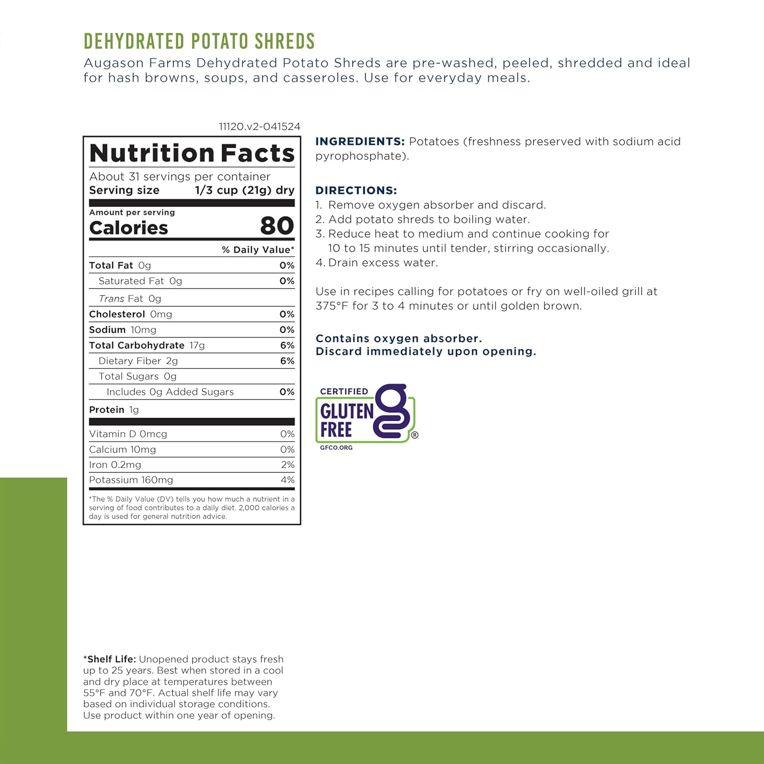 Augason Farms Dehydrated Potato Shreds, Emergency Food Supply, 23 oz (31 Servings)