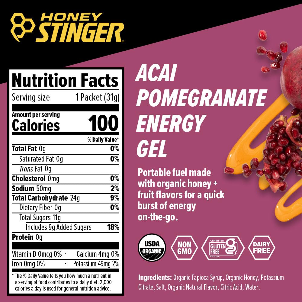 Honey Stinger Organic Energy Gels, 1.1oz - Acai Pomegranate, 24ct