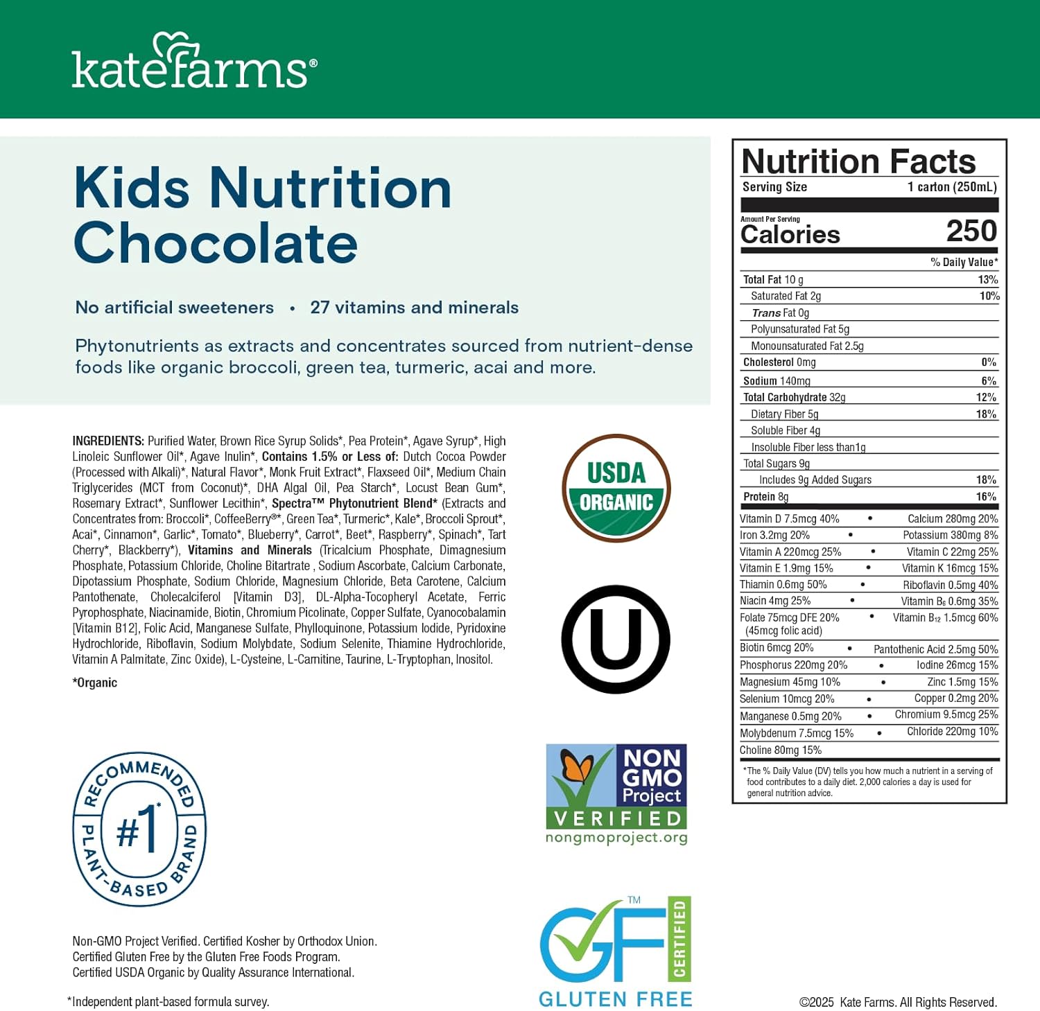 Kate Farms Organic Kids Nutrition Shake - Chocolate, 8.45 fl. oz. (12 Pack)