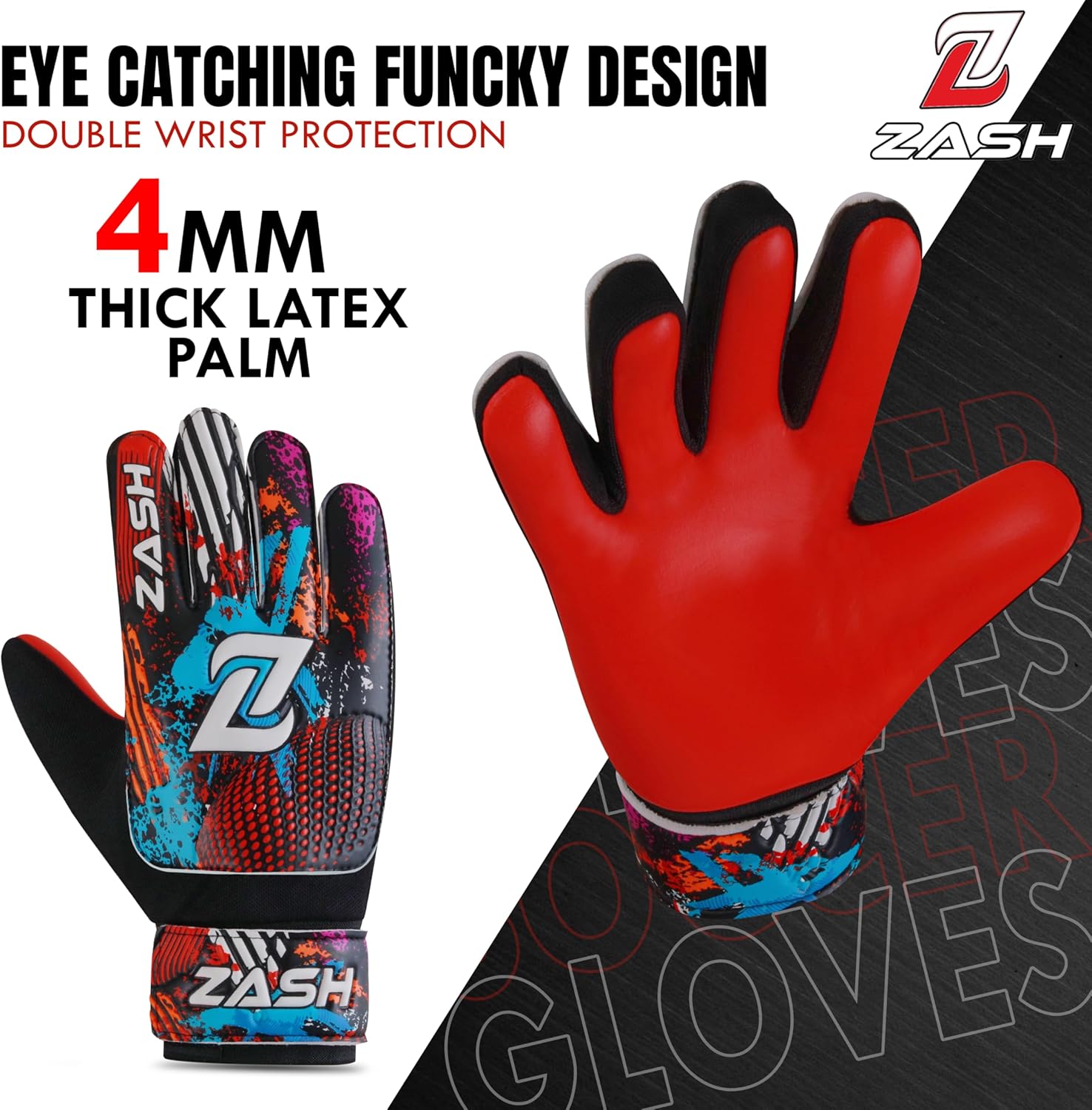 Zash Youth Premium Goalie Gloves with Double Wrist Protection and 4mm Latex Super Grip Palm - Red, Size 3