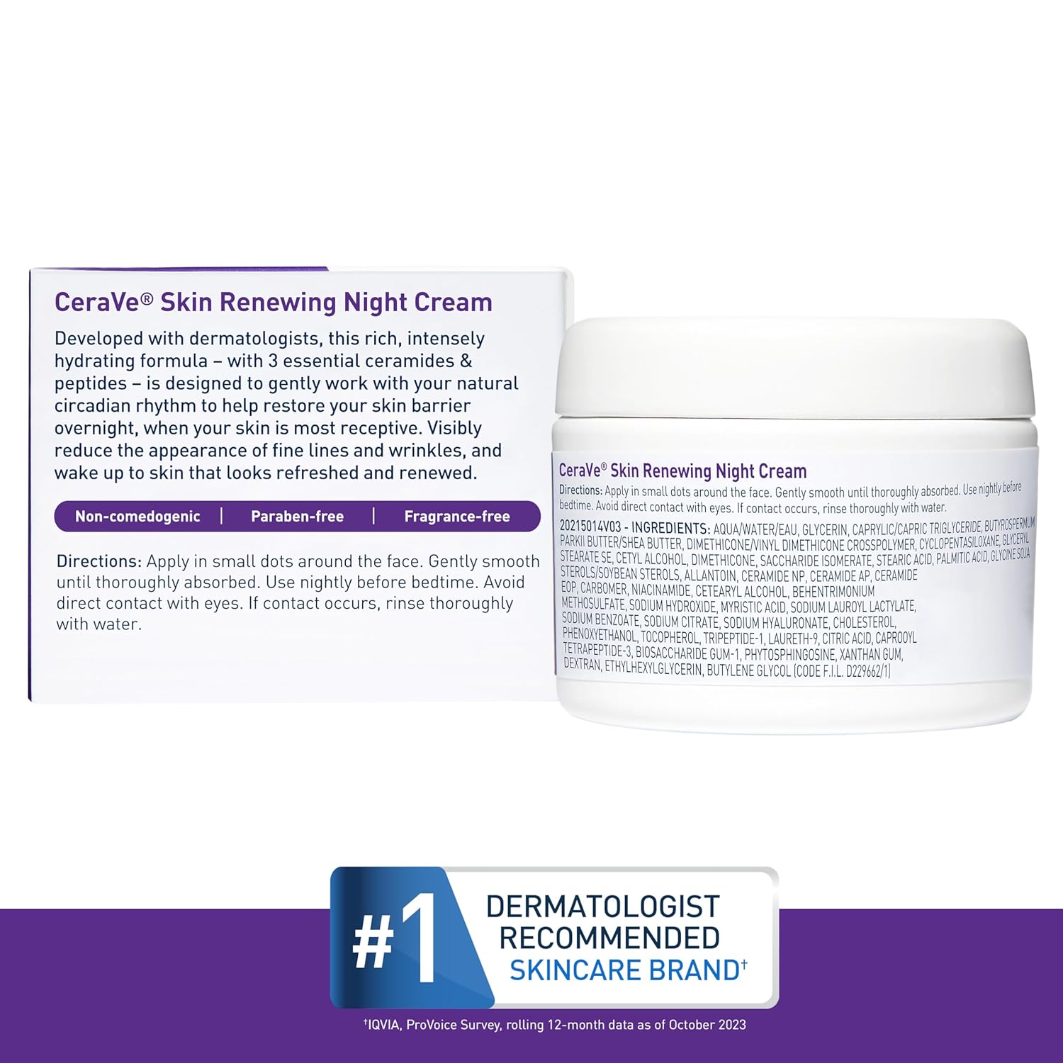 CeraVe Skin Renewing Night Cream for Normal to Dry Skin with Niacinamide, Peptides, & Hyaluronic Acid, 1.7oz.
