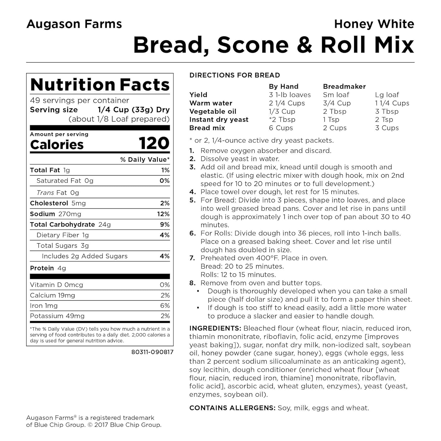 Augason Farms Honey White Bread, Scone, & Roll Mix 3 lbs. 10 oz. (48 Servings)