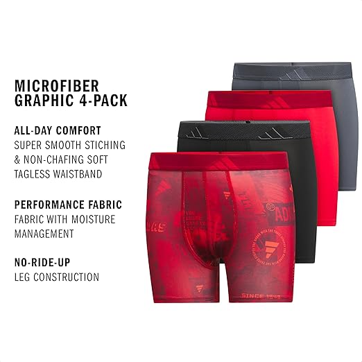 adidas Boy's Microfiber Graphic Boxer Briefs - Red/Black/Gray, Size XL (4 Pack)