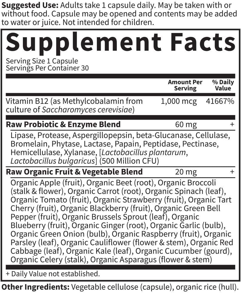 Garden of Life Vitamin Code Raw B-12, 1000mcg Whole Food B12 Methylcobalamin, 30 Caps