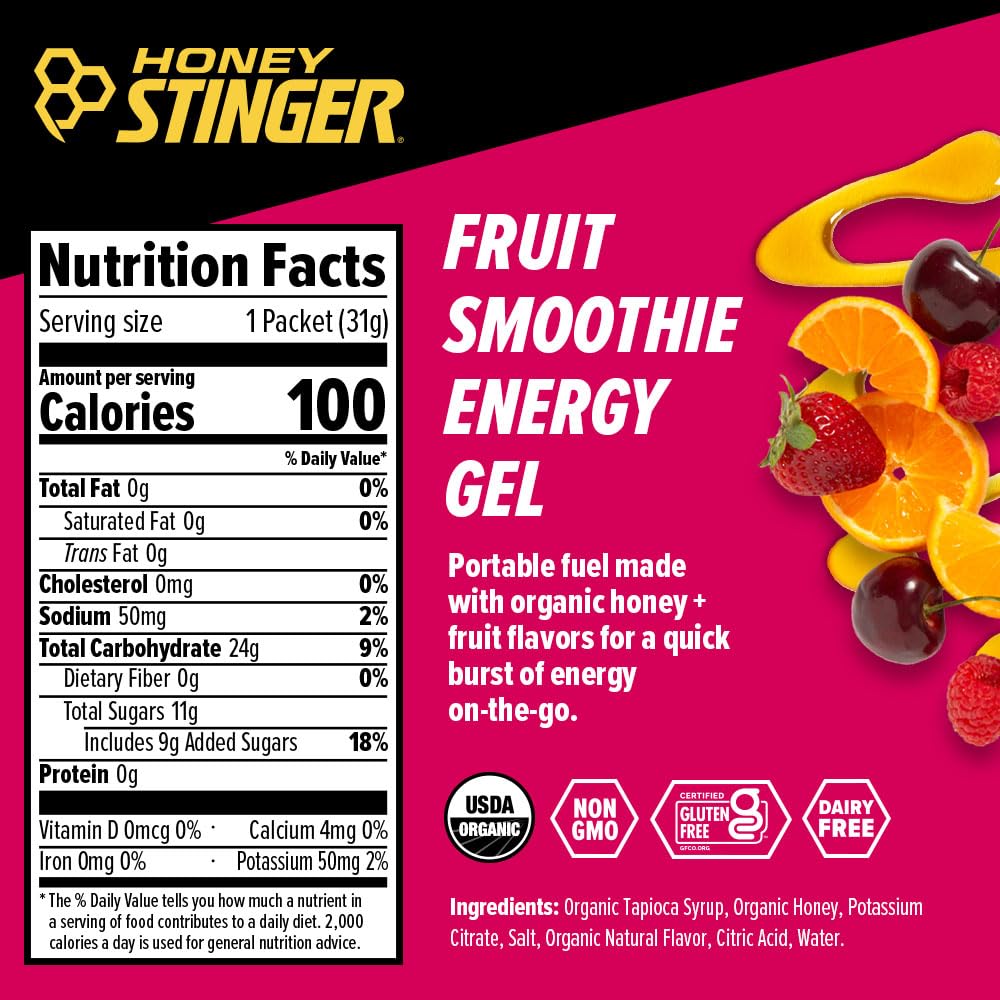 Honey Stinger Organic Energy Gels, 1.1oz - Fruit Smoothie, 24ct