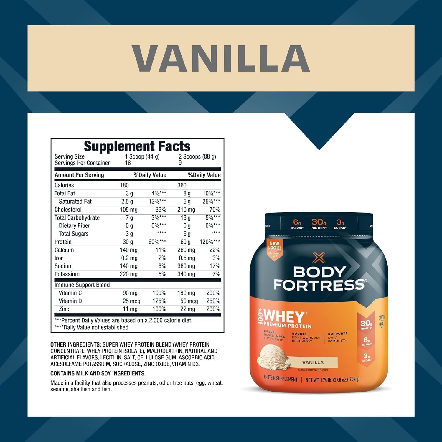 Body Fortress Super Advanced 100% Whey Protein Powder - Vanilla, 1.74 lb.
