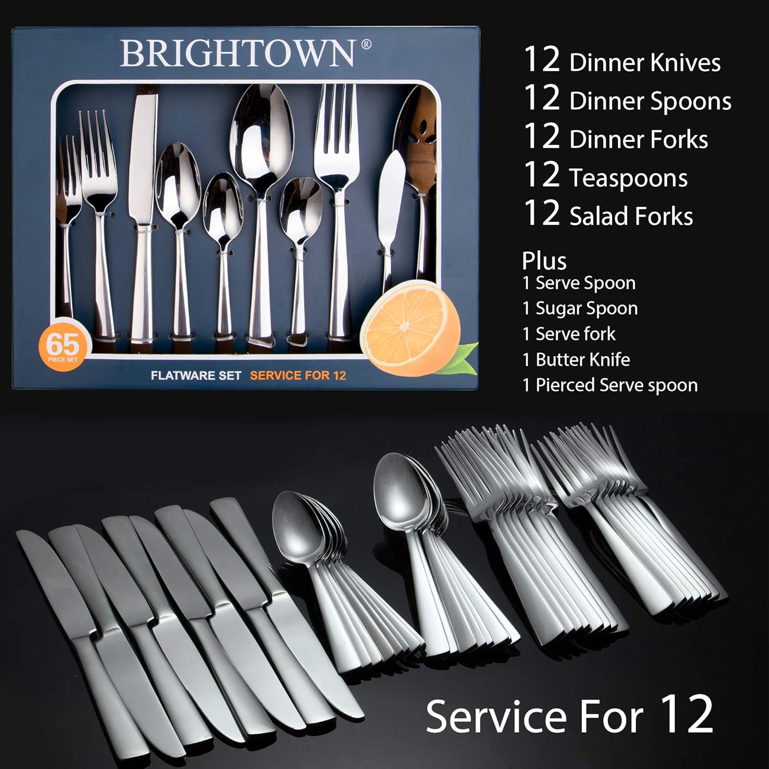 Brightown 65 Piece Stainless Steel Silverware Flatware Cutlery Set, Service for 12
