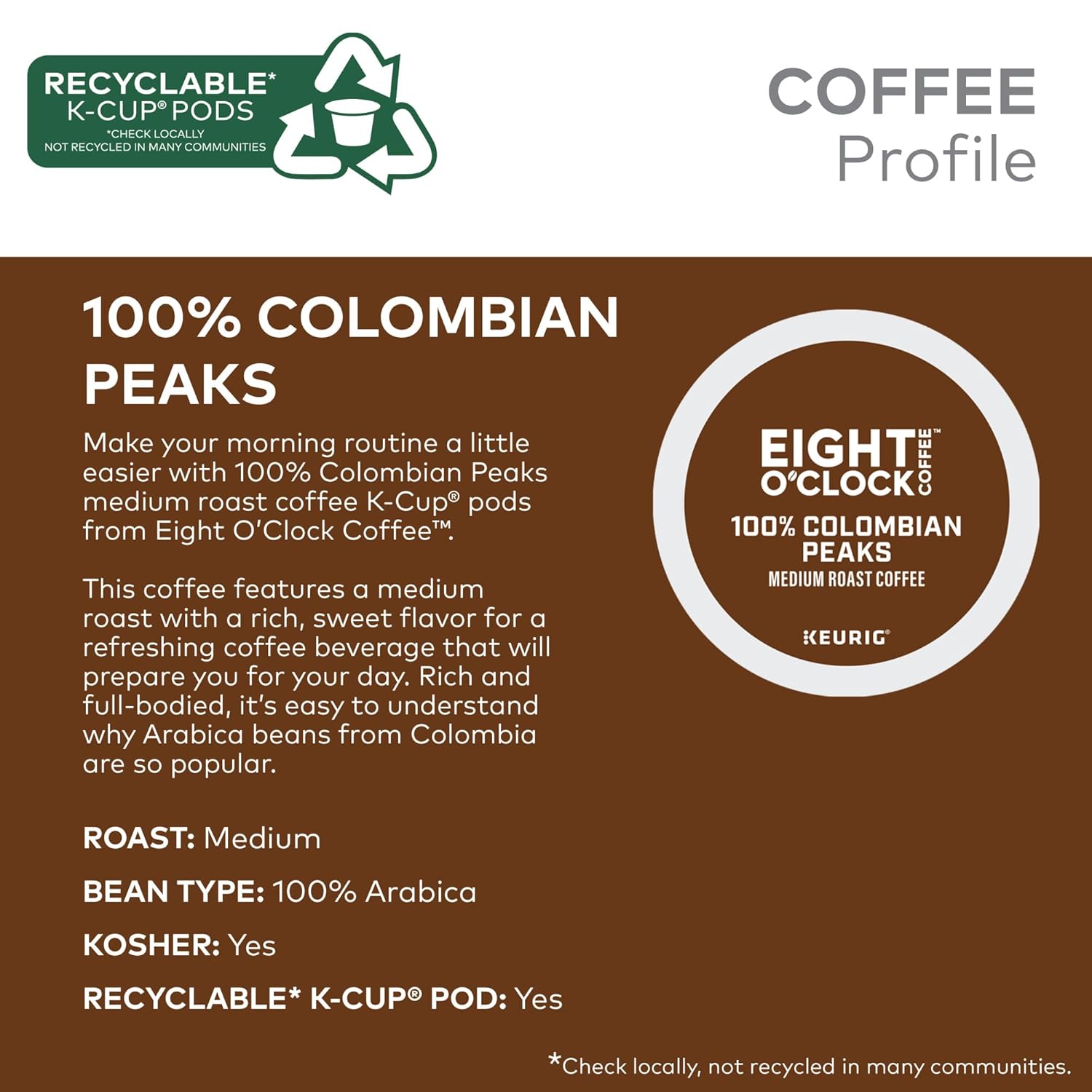 Eight o'Clock Coffee 100% Colombian Peaks Medium Roast Keurig K-Cup Coffee Pods, 32ct