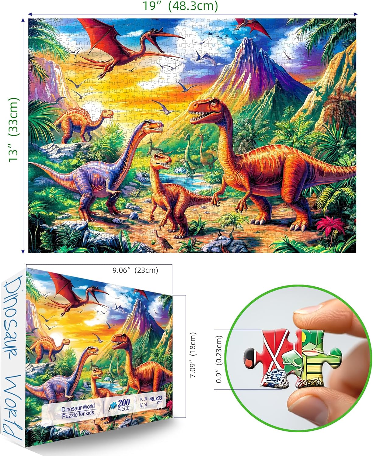 Dinosaur Puzzle for Kids Ages 3-6, 19x13 in - 200pcs
