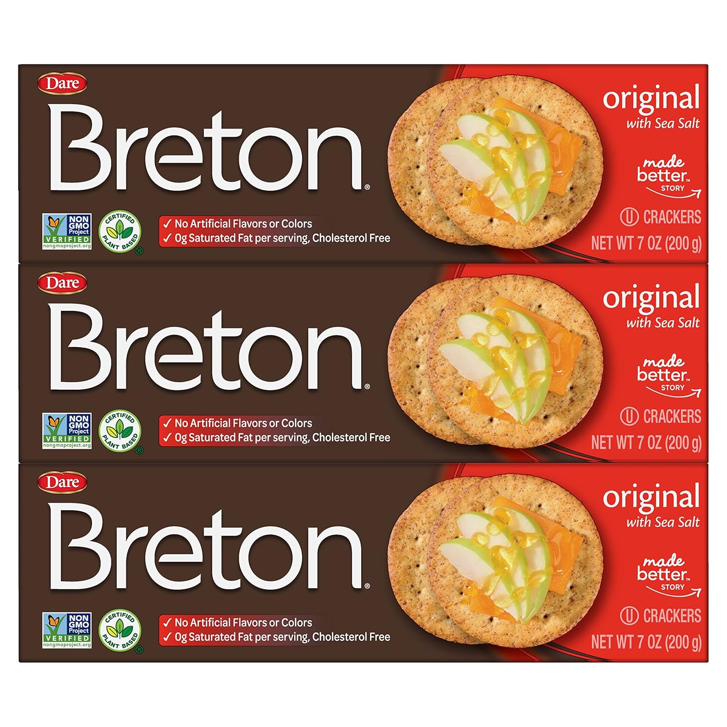 Breton Crackers Original with Sea Salt, 7 Ounce Box - 3 Pack