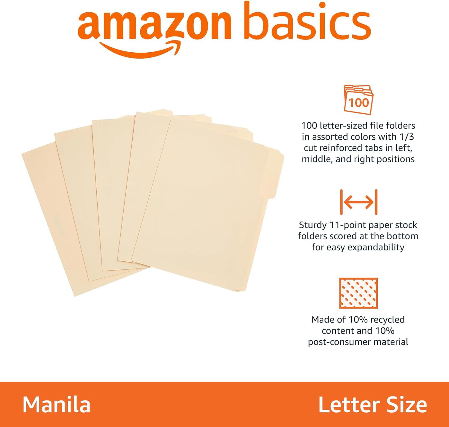 Amazon Basics Assorted Positions File Folders - 1/3-Cut Tab, Letter Size Manila Folers - Pack of 100