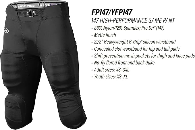 Rawlings Youth FP147 High-Performance Football Pants - Black, Medium