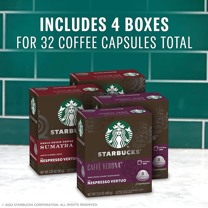 Starbucks Nespresso Vertuo Dark Roast Variety Pack Coffee Pods, Sumatra & Cafe Verona, 32 Pods