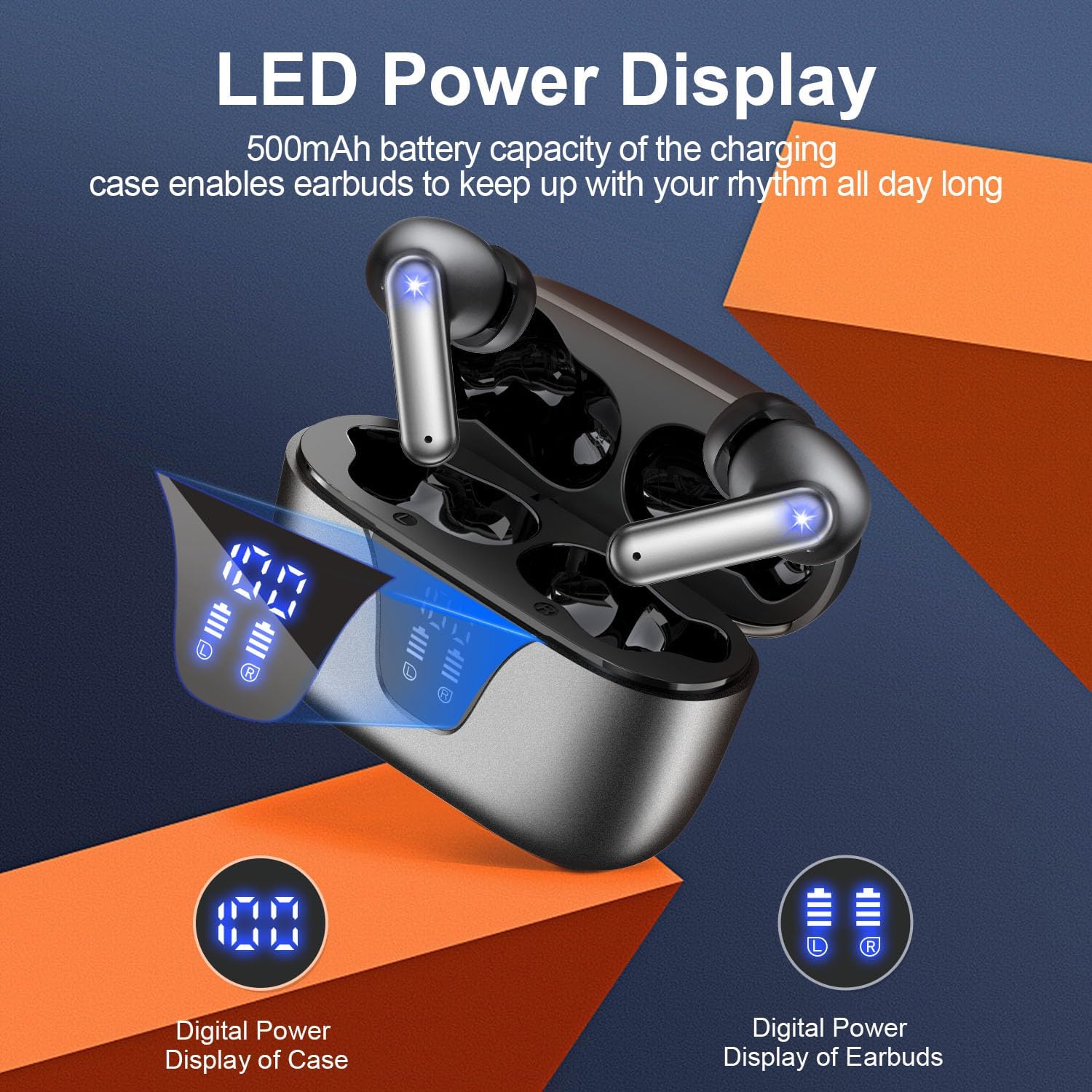 Wireless Bluetooth Earbuds, 50hr Battery Life, LED Display Charging Case, Built-In Mic, IPX5 - Gunmetal