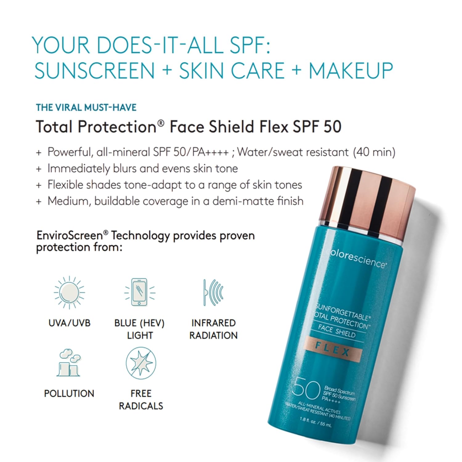 Colorescience Total Protection Face Shield Flex Tinted Mineral Sunscreen, SPF 50 - Medium, 1.8 fl. oz.
