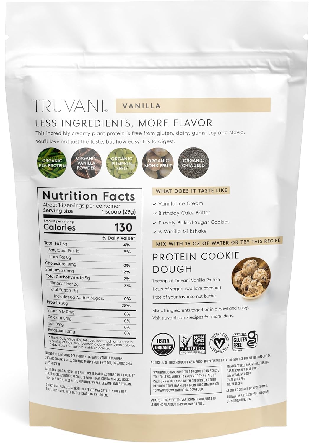 Truvani Organic Vegan Plant-Based Protein Powder - Vanilla, 18.9 oz