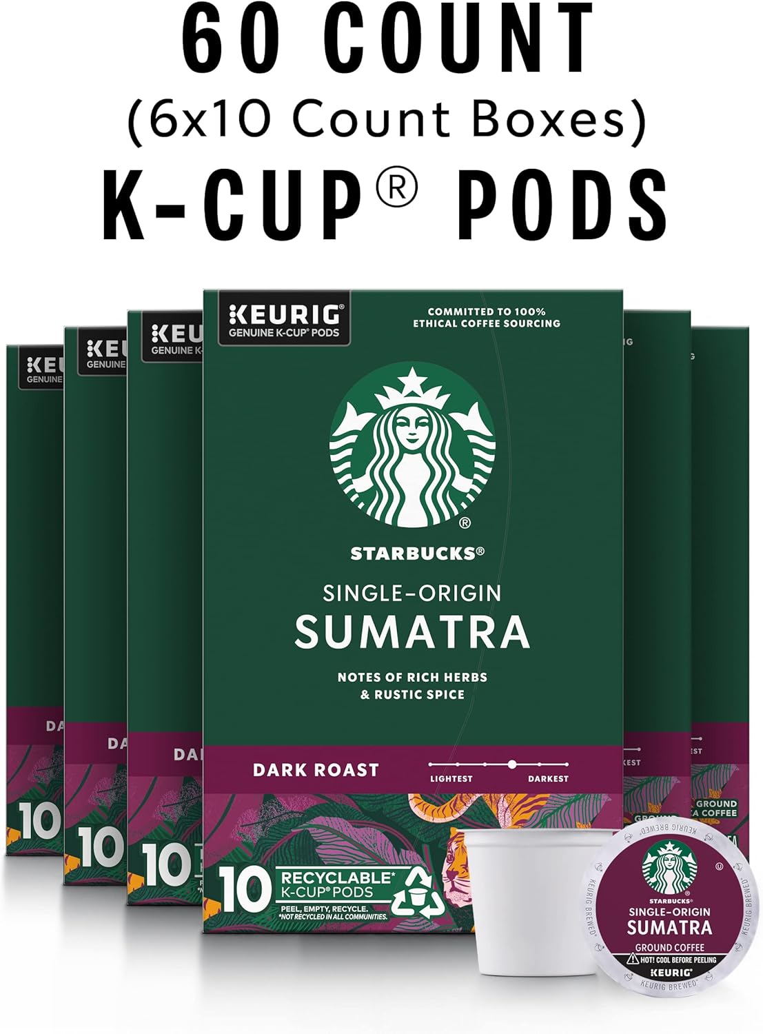 Starbucks Single-Origin Sumatra Dark Roast Keurig K-Cup Coffee Pods, 60 Count