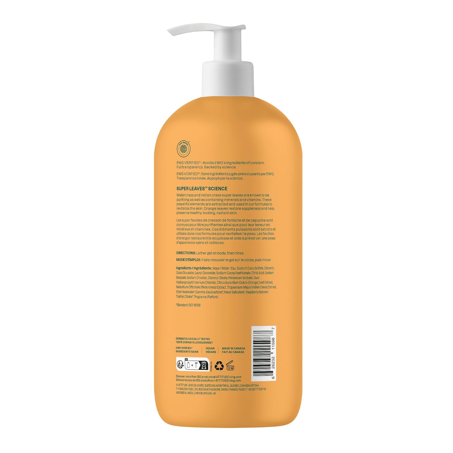 ATTITUDE Body Wash Shower Gel, Dermatologically Tested, Plant and Mineral-Based - Orange Leaves, 32 fl. oz.