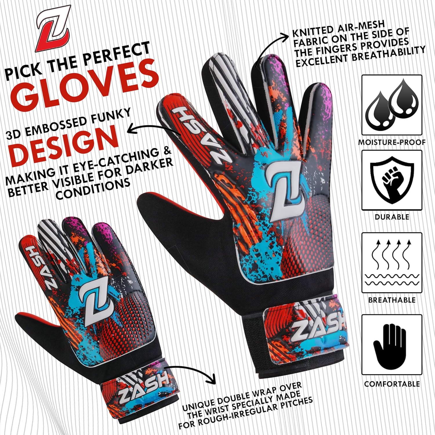 Zash Youth Premium Goalie Gloves with Double Wrist Protection and 4mm Latex Super Grip Palm - Red, Size 3