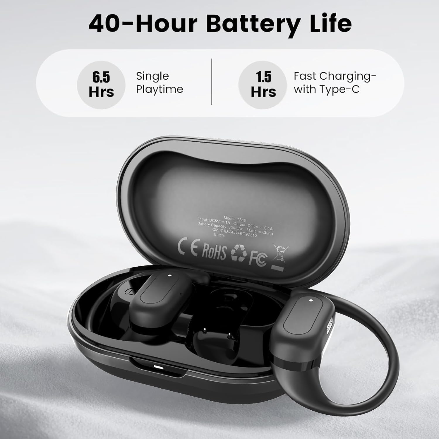 Wireless Bluetooth Ear Hook Earbuds, 40Hrs Playtime, IPX5 Waterproof - Gray