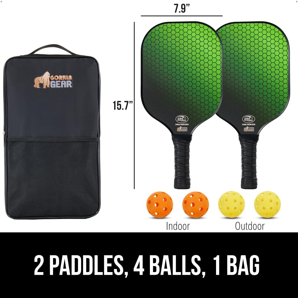Gorilla Gear USAPA Approved Pickleball Paddle Set of 2 with Pickleball Balls & Bag - Green