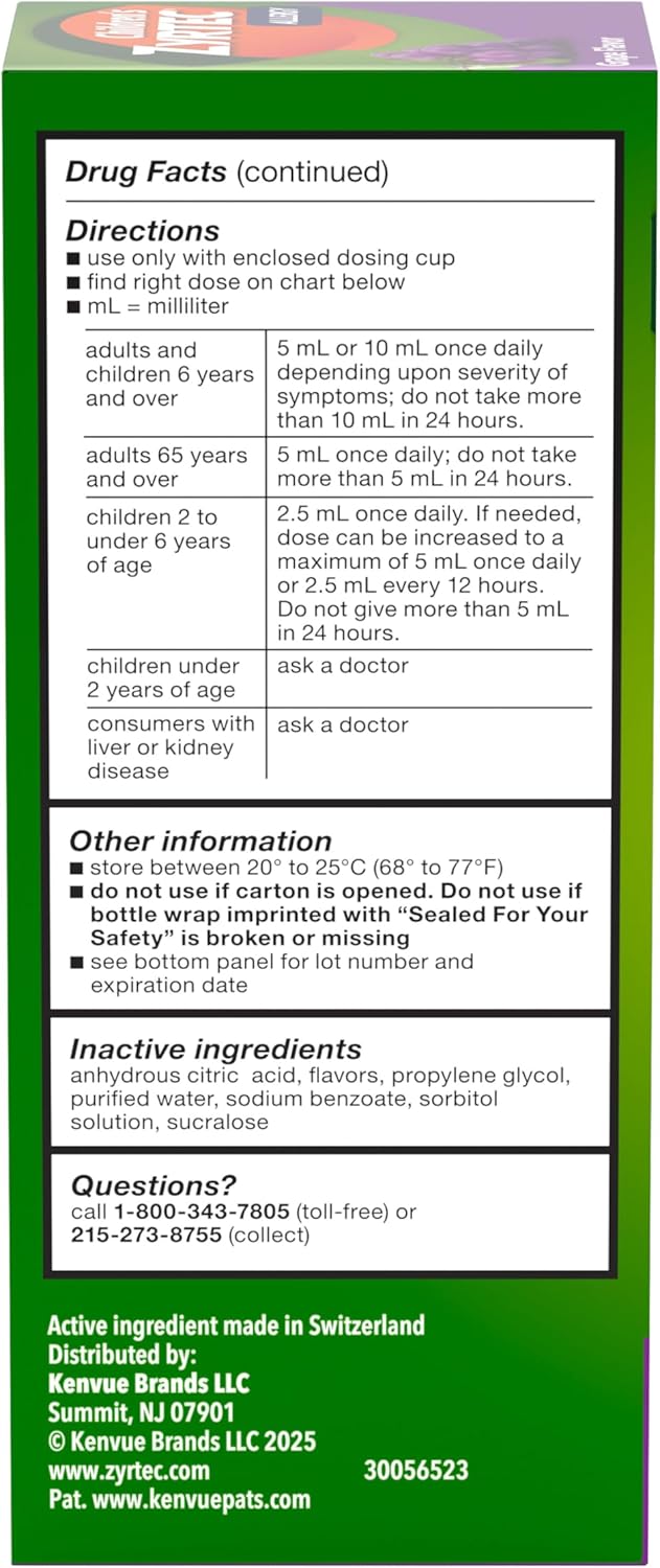 Children's Zyrtec 24 Hour Allergy Relief Syrup (Cetirizine HCl) - Grape, 8 fl. oz.