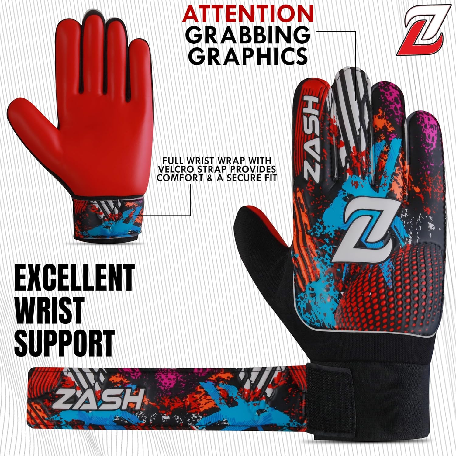 Zash Youth Premium Goalie Gloves with Double Wrist Protection and 4mm Latex Super Grip Palm - Red, Size 3