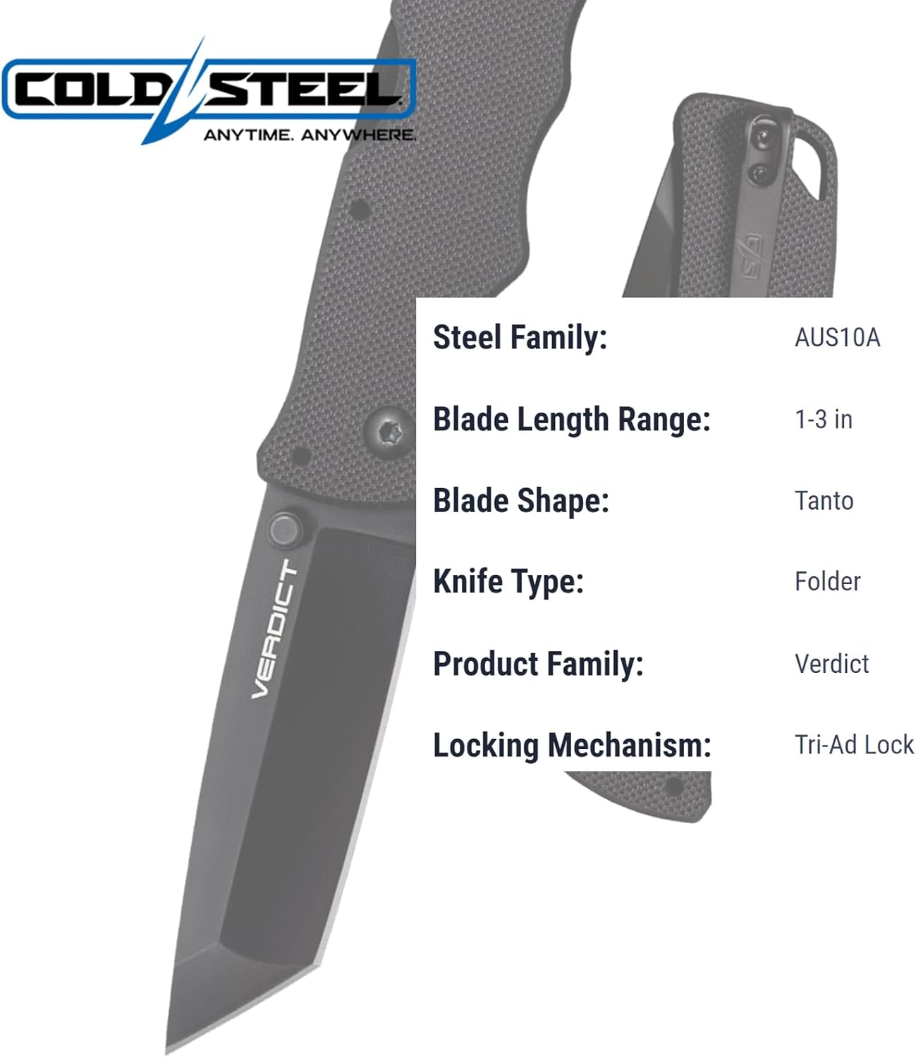 Cold Steel Verdict 3" Folding Knife - AUS-10 Japanese SS, Tanto Blade, G10 Handle, FL-C3T10A