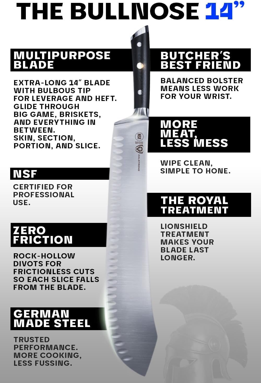 Dalstrong Gladiator Series Bull Nose Butcher Knife, 14" High Carbon Premium German Steel, Black G10 Handle