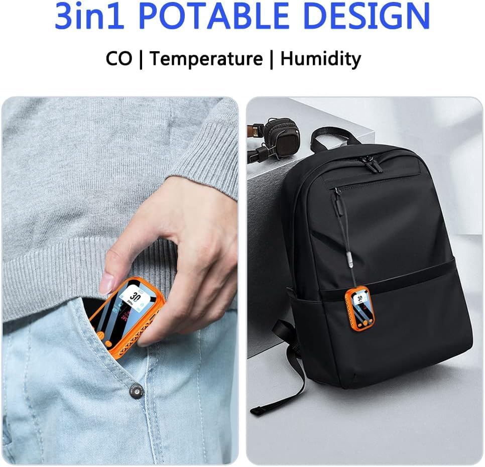 Hakinaku 3-in-1 Travel Carbon Monoxide Detector - Portable Mini Air Quality Monitor with Lanyard, Alarm, CO Meter, Orange
