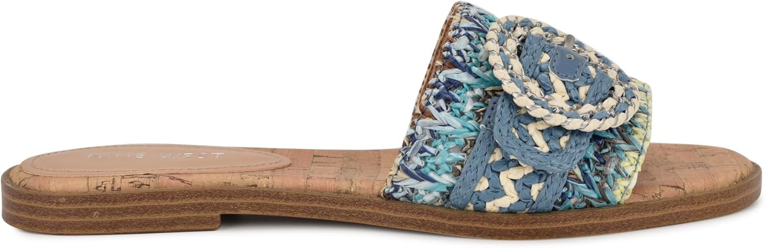 Nine West Women's Poland Open Toe Slip-On Casual Sandals - Blue Cream Multi, Size 11