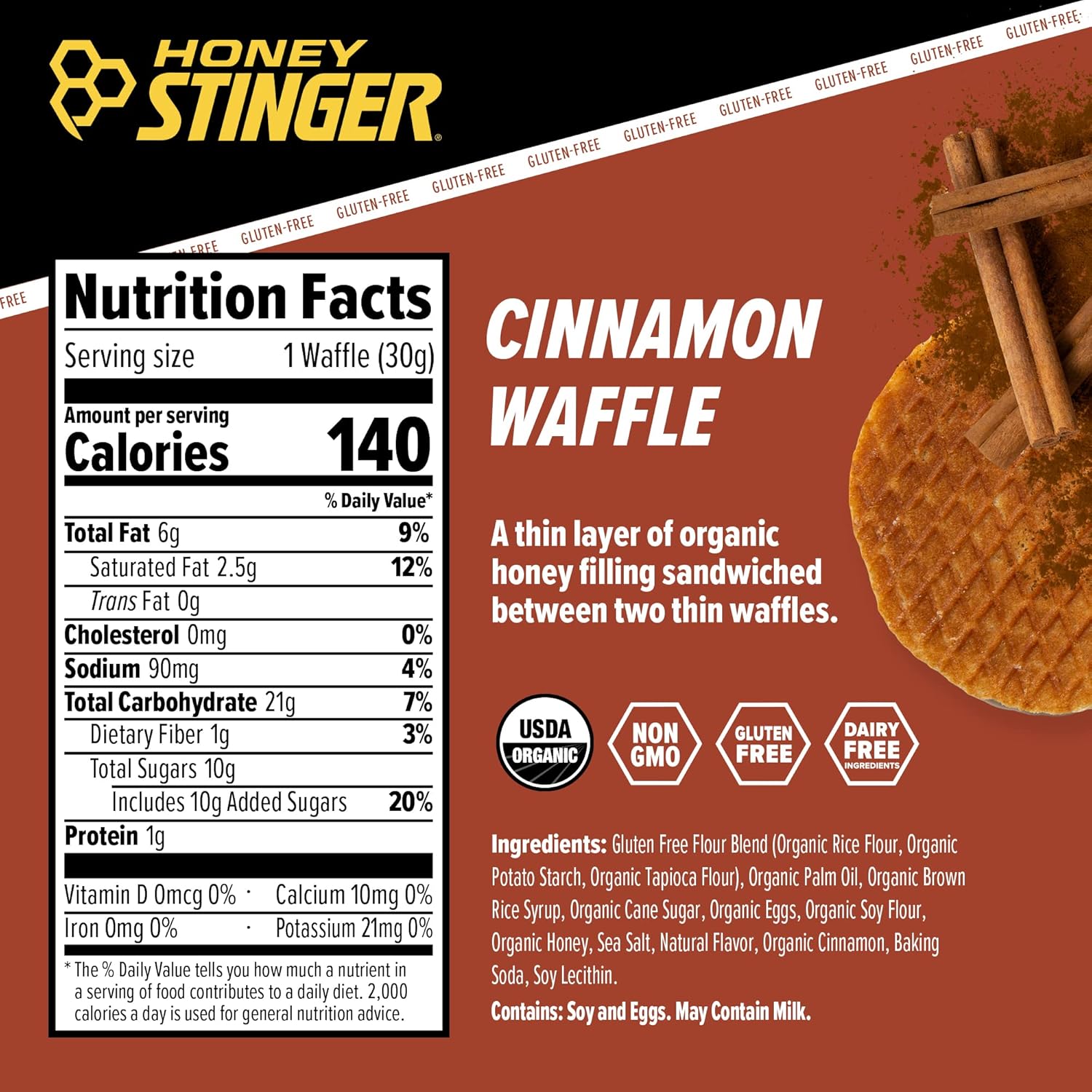 Honey Stinger Organic Gluten-Free Energy Waffles, Cinnamon, 1.06oz - 16ct